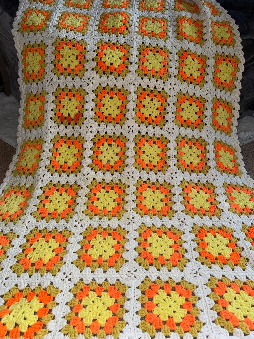 Hand Crafted Yellow Orange Cream Crochet Granny Square Throw Blanket